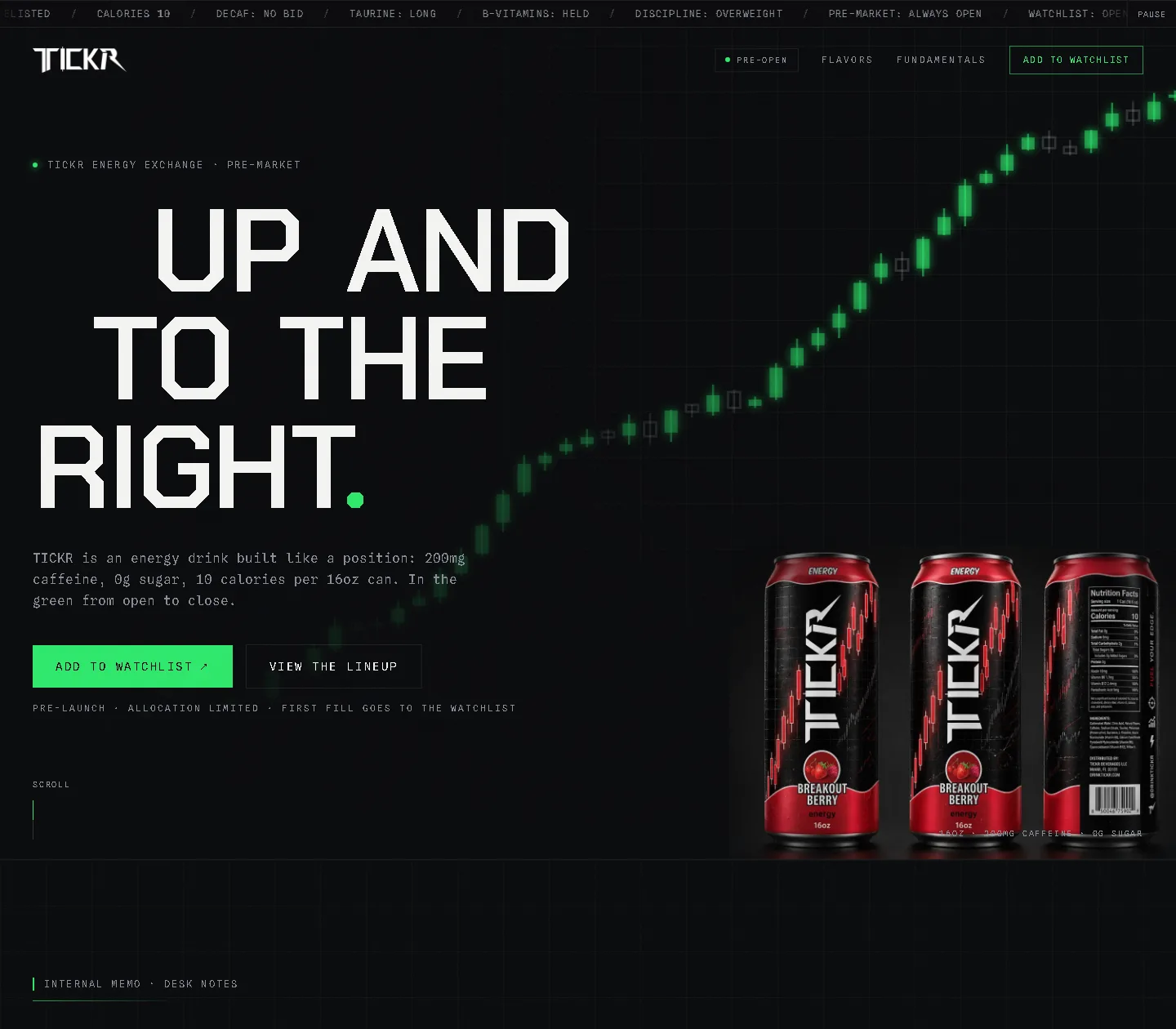 TICKR Energy launch site, styled as a dark trading terminal with a rising candlestick chart behind the headline and three red cans of Breakout Berry